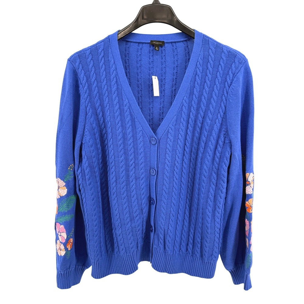 NEW Talbots Cardigan Womens XL Sweater Blue Cable Knit Floral Embroidered V-Neck